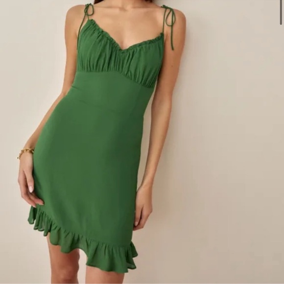 Reformation Dresses & Skirts - Reformation Esther Dress Green Ruched Ruffled Mini Dress Size 4 Small